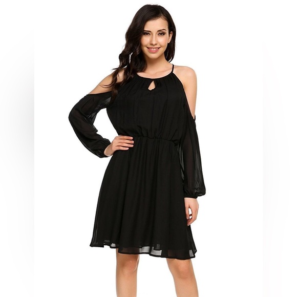 NWOT Elegant Black Cold Shoulder Keyhole Open Back Dress - Picture 1 of 1